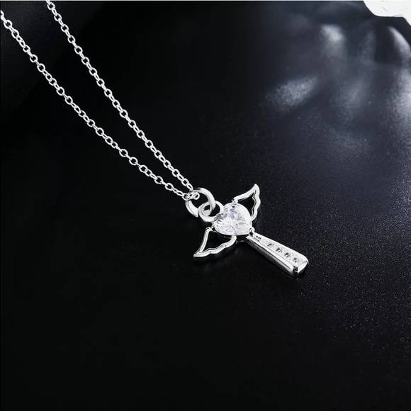 Sterling Silver Crystal Cross Angel Wings Necklace NEW - Picture 8 of 9